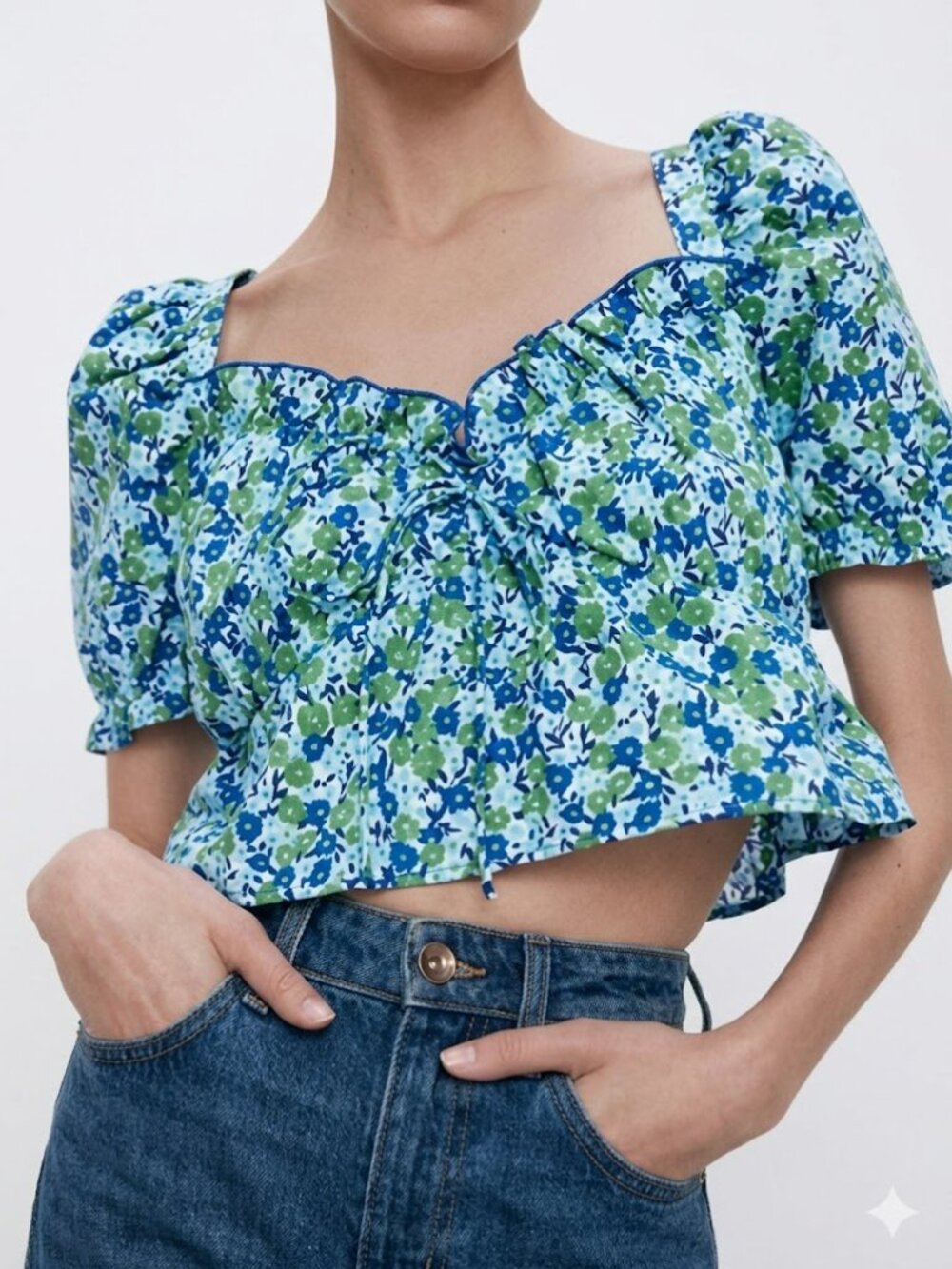 Zara Cropped Top Puff Sleeve Floral Zipper Detail Small Cottagecore